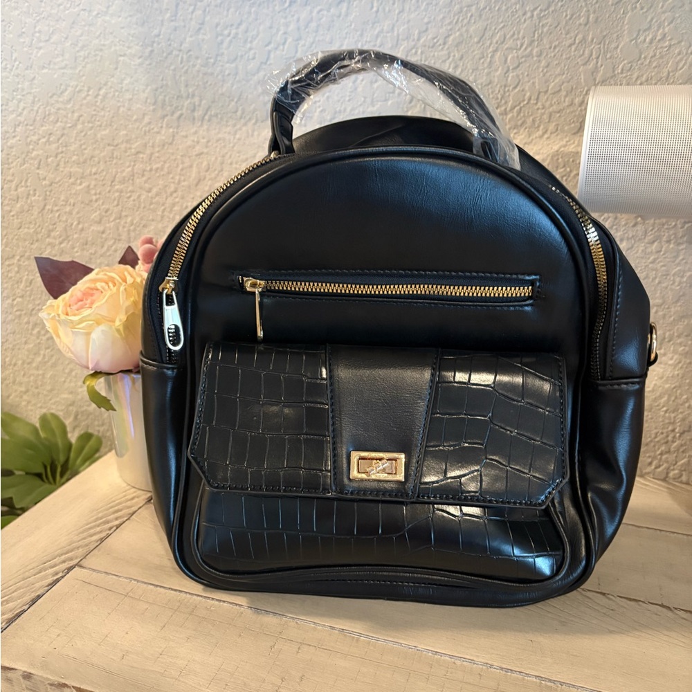 Vegan Leather Black Croc-Accent Small Backpack with Gold Hardware NWOT